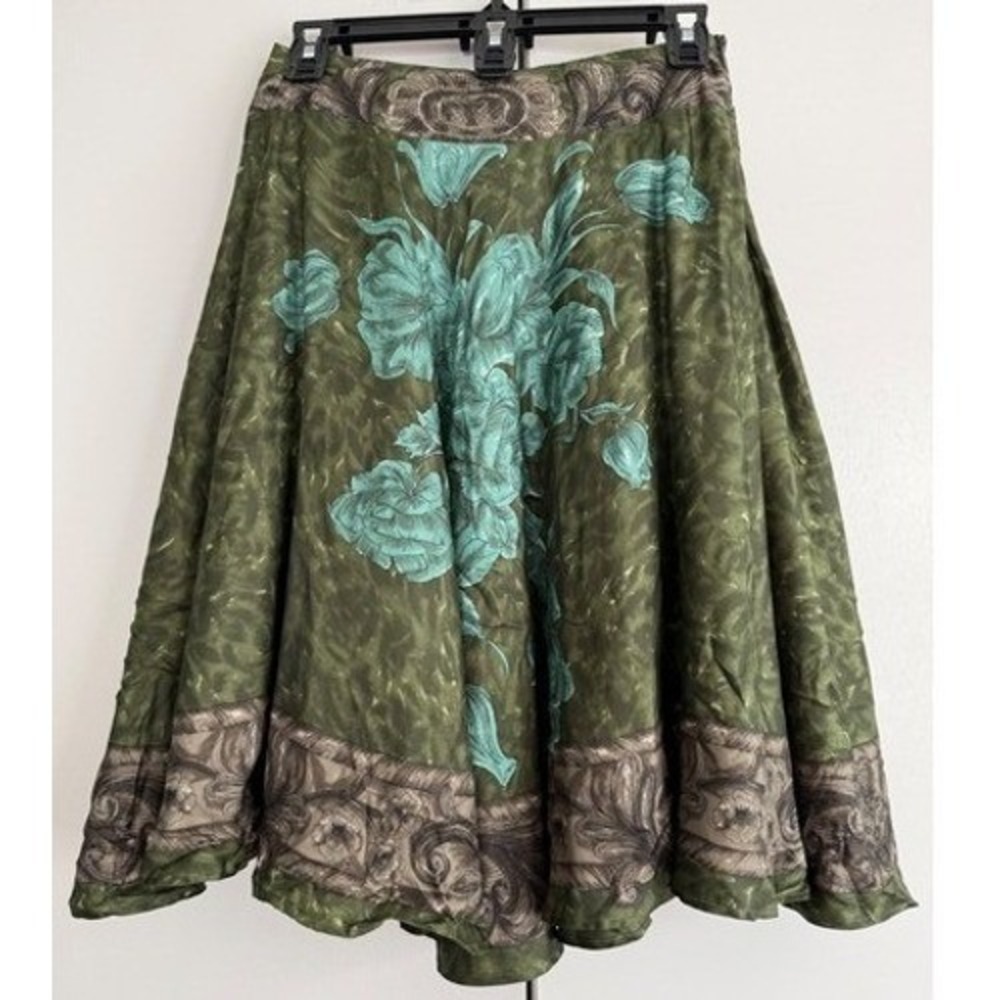 Piazza Sempione Olive Green Teal Floral 100% Silk Midi Skirt IT 40 Made in Italy